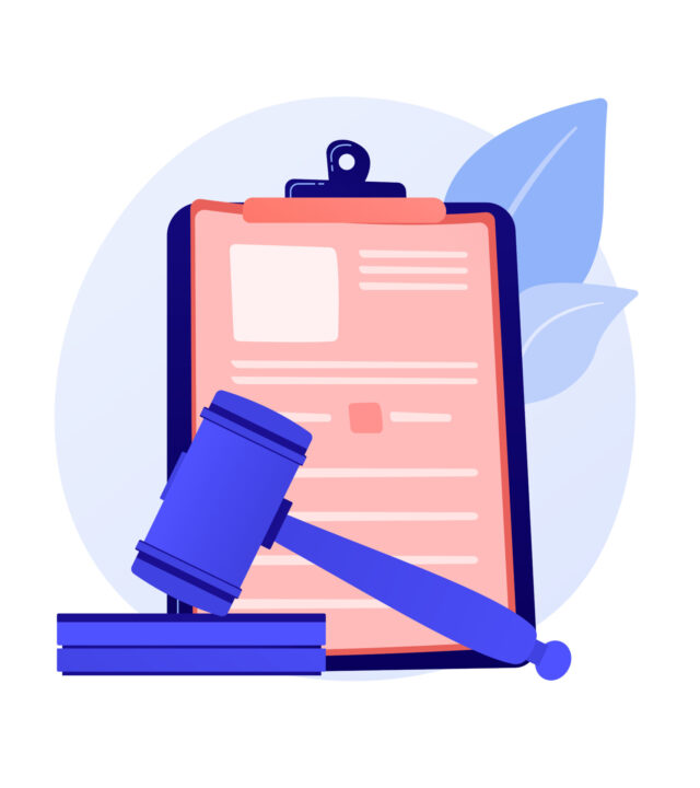 Legal statement. Court notice, judge decision, judicial system. Lawyer, attorney studying papers cartoon character. Mortgage debt, legislation. Vector isolated concept metaphor illustration